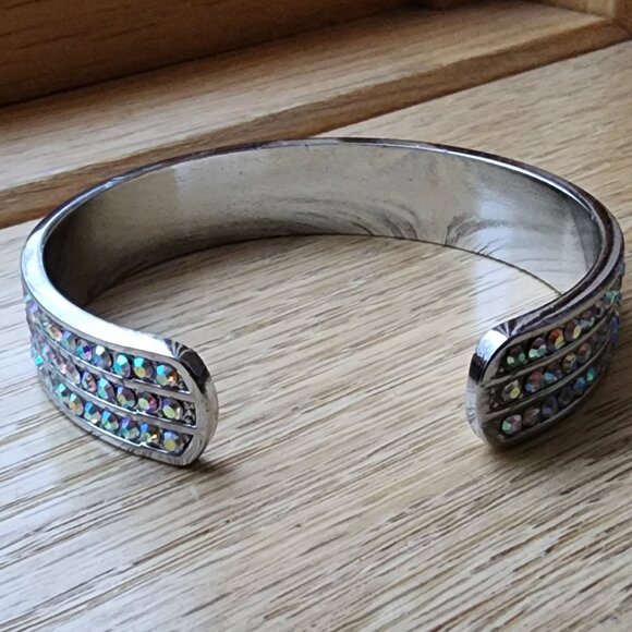 Silvertone Bangle With Three Rows Of Crystals - Picture 11 of 13